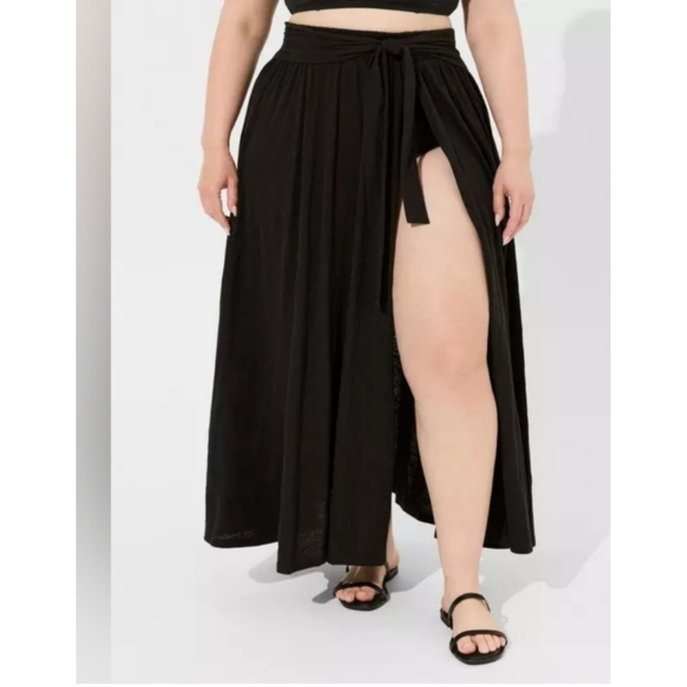 Torrid Black Maxi Skirt 100% Cotton Pull On Swim Cover Tie‎ Front Slit Size L